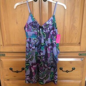 NWT Betsey Johnson Medium Purple Babydoll Butterfly Print Chemise w/ Thong $75